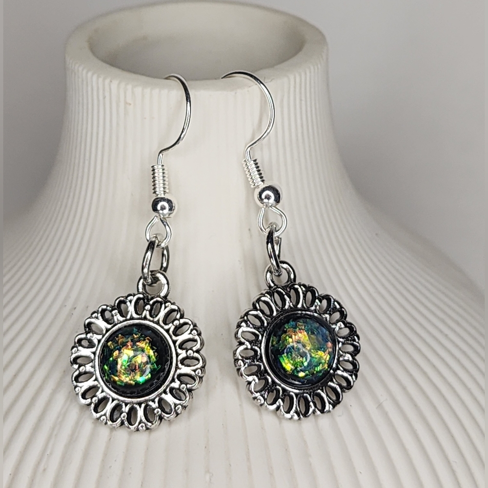 Iridescent Green & Black Resin Dangle Earrings - Filigree Silver Tone